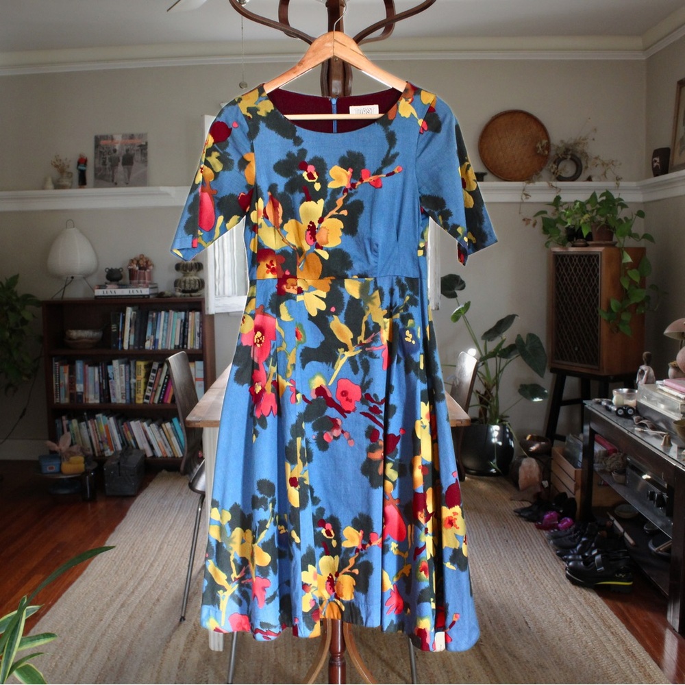 TOAST Blue Multi-Coloured Floral Cotton Fit & Flare Dress